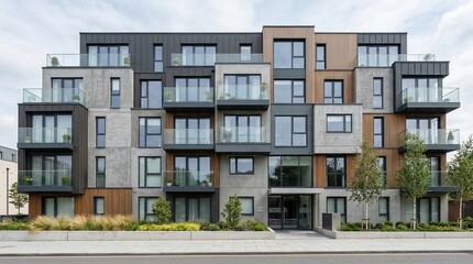 Obraz premium Modern apartment building with layered facade design and glass balconies on a cloudy day