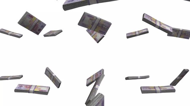 Cameroon Money, Central African Franc Banknotes Falling, XAF Currency Stacks, White Background, 4K