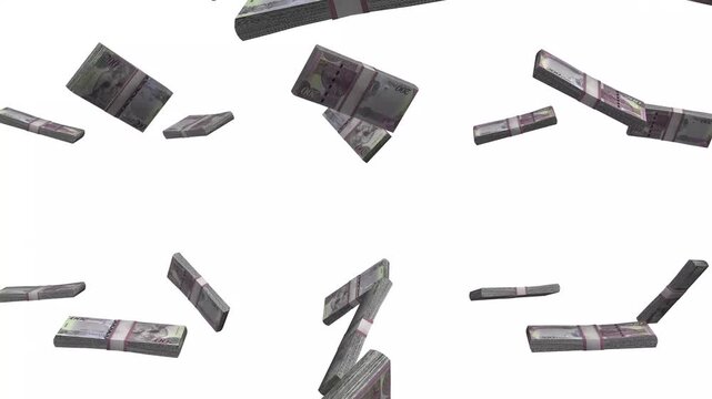 Botswana Money, Botswana Pula Banknotes Falling, BWP Currency Stacks, White Background, 4K