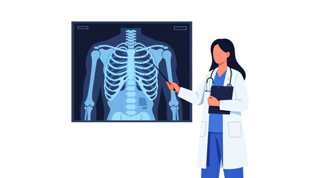 Female doctor pointing at a human skeleton x-ray image on a screen with a clipboard