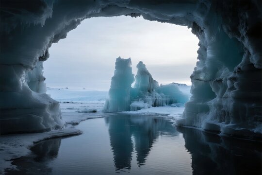 Ice cave with arched entrance revealing ice formations and calm water reflection