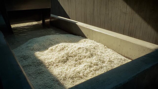 Industrial structure containing a large quantity of white granular plastic pellets, highlighting the process of material handling and manufacturing supply chain in a factory setting