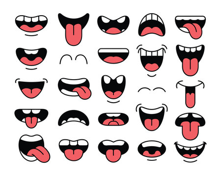 Cute cartoon lips set, smiling frowning tongue out faces, social media sticker pack, character animation session graphics vector collection