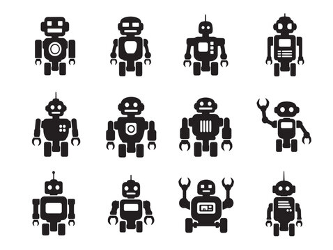 A group of black pixelated robot characters