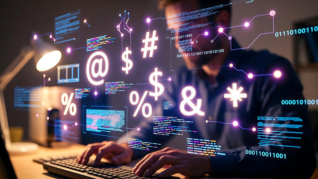 A skilled professional, deeply immersed in the world of technology, focuses on data, illuminated by an ethereal glow and innovative visual representation.