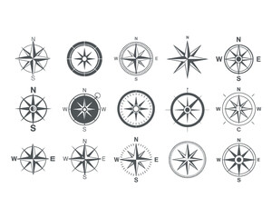Line art compass rose pattern set showing various direction stars, thin stroke navigation symbols for cartography, travel mapping, explorer branding © Abdul alim