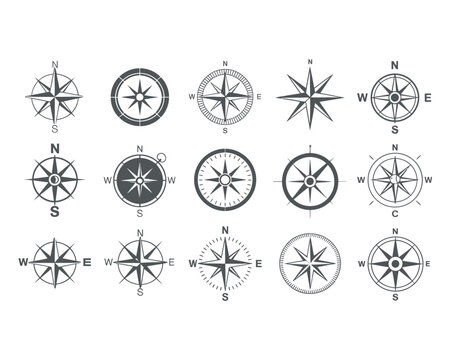 Line art compass rose pattern set showing various direction stars, thin stroke navigation symbols for cartography, travel mapping, explorer branding