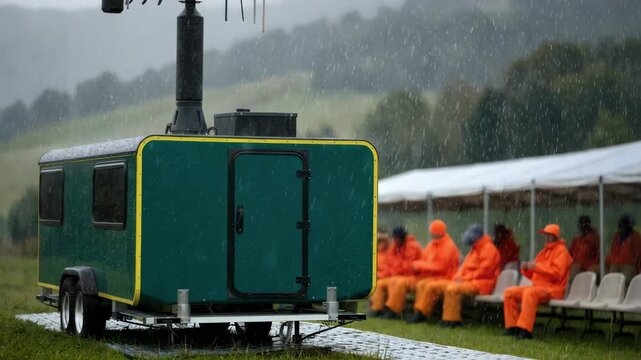 Medium shot showing a mobile coverage trailer deployed in a rural field the antenna prominently raised while the surrounding seating area and spectators remain softly blurred.