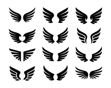 Angel wings silhouette set, elegant feather symbols for memorial service program, choir concert poster, spirituality workshop session graphics, vector elements