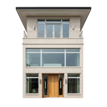 Modern threestory house with large windows and a wooden front door