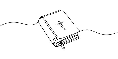 Obraz premium Continuous one line drawing silhouette of Bible. Bible linear icon. One line drawing background. Vector illustration. Line art of Bible Editable stroke
