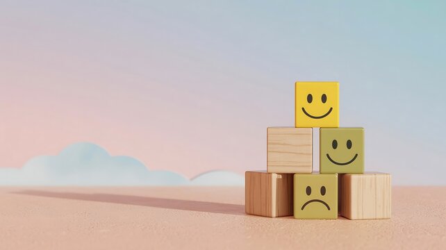 Stack of wooden blocks displaying different facial expressions from happy to sad