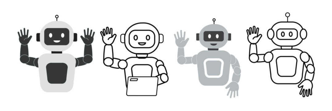 AI Agent Chatbot Robot Cute Mascot Flat Glyph Outline Icon Set Vector.    Adobe/claud