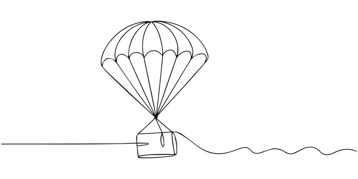 Continuous one line drawing of a delivery with a parachute jumping down from the air. Online shopping concept, fast delivery by parachute carrying box in doodle style. vector illustration