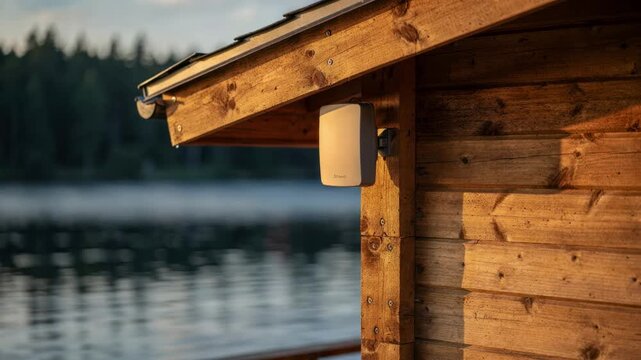 Medium shot of a lakeside cabin exterior featuring a discreet wireless signal booster installation with the lake and trees softly out of focus in the background.