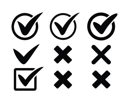 Validation and verification icon set, check mark and cross symbols for survey or checklist, industrial flat vector design