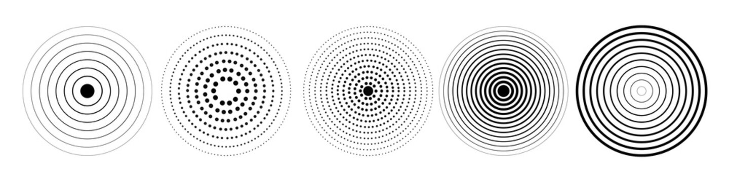 Linear set of radar icons, sonar waves, concentric radial signal circles, echo sounder symbols. Vector black and white illustration on a transparent background for interfaces and infographics