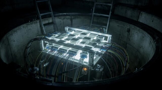 Nighttime medium shot of illuminated manhole chamber with glowing fiber splice trays and faint outlines of vault walls in the softly focused background