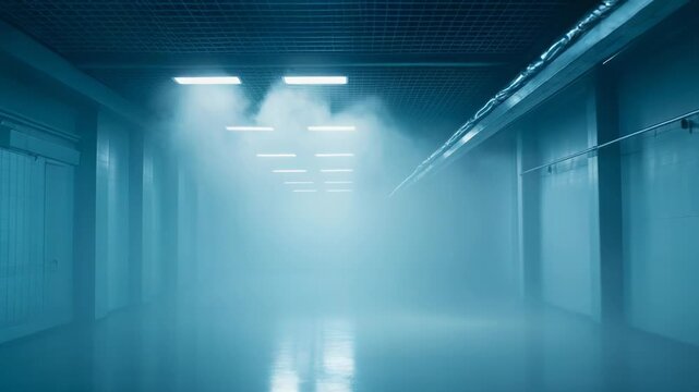 Empty industrial passage creating a mysterious and futuristic atmosphere with fog and vibrant blue light illuminating the smooth floor and textured ceiling