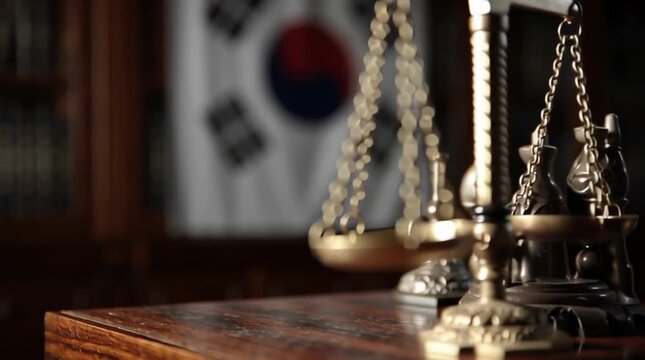 Justice Unveiled: The Scales of Justice stand prominently, set against the backdrop of the Korean flag, evoking the principles of law and order within a courtroom setting.