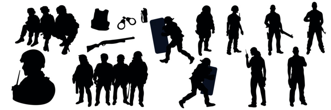 Large collection of police and SWAT officer silhouettes in different poses. Law enforcement officers with riot shield, rifle, handgun, radio and tactical equipment. Security forces standing, walking 