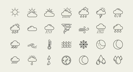 Fototapeta premium Minimalist line art weather icon set displayed in a neat grid layout.