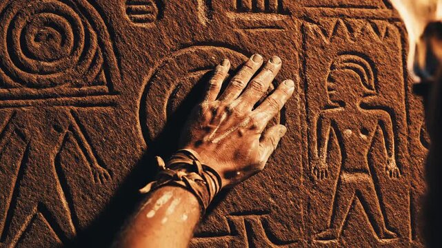 Human hands exploring ancient stone carvings with tribal symbols for a discovery of forgotten history concept under cinematic light