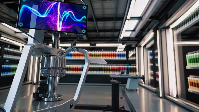 Sensorequipped exoskeleton for testing, Clinical scene with robotic exoskeleton devices, Showcase of robotic exoskeleton devices in clinical environment with sensor and monitor integration