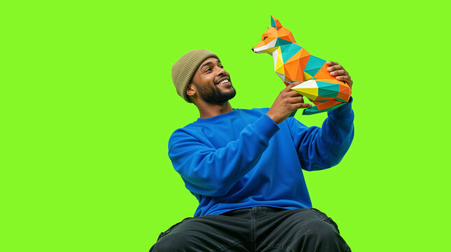 Smiling African American man holding a colorful geometric fox figurine. Happy male in blue sweatshirt looking at low poly animal toy on green screen background. Copy space for text