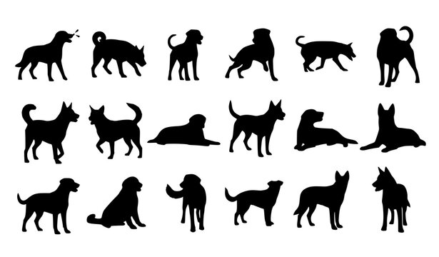 Dog silhouette collection in grid layout vector with multiple poses walking barking and resting isolated on white
