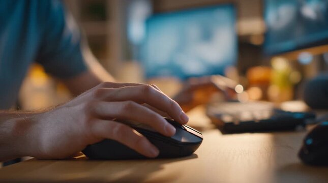 Digital Interface: A close-up view capturing hands of a person navigating a wireless mouse and keyboard on a desk. with computer screens softly illuminated in the backdrop.