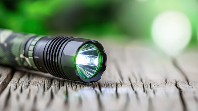 Close up view of tactical flashlight with green light, resting on wooden surface, surrounded by natural background