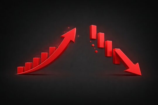 Business growth charts with upward and downward arrows symbolizing success and decline