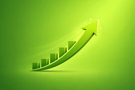 Green arrow graph showing upward trend and business growth with bright light effect