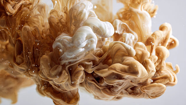 Abstract macro of coffee and milk ink dissolving in water forming organic cream and brown cloud formations on white background