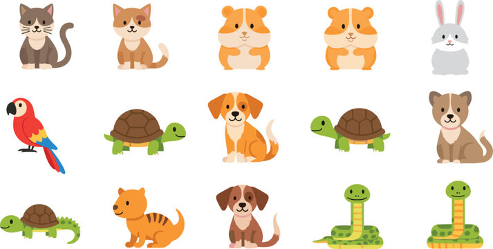 Cute Pet and Animal Set with Cats Dogs Hamsters Rabbit Turtle Parrot Snake and Lizard, Cartoon Domestic and Exotic Collection for Kids Illustration