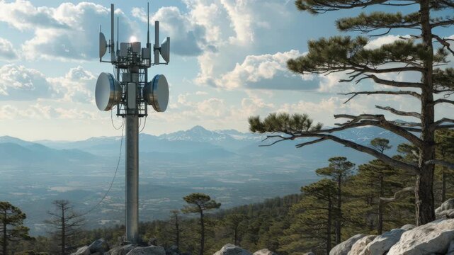 View of a fixed wireless relay on a mountain ridge main tower crisply in focus with expansive blurred valley and pine trees extending into the background.