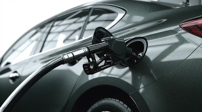 Fueling Up: A close-up shot of a car being refueled, with the nozzle inserted into the fuel tank and gasoline filling it up. A symbol of modern transportation and energy consumption.