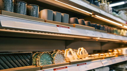 Retail store shelves displaying various home decor items and kitchenware under bright lighting