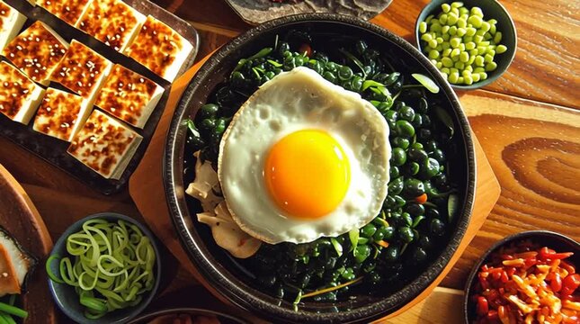 Flavorful Plate: A meticulously arranged platter showcasing a culinary symphony of delectable elements, with an egg and tofu at the heart, complemented by an assortment of fresh vegetables.