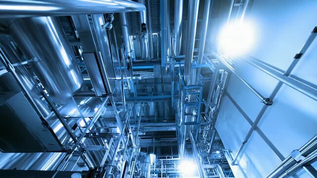 Intricate system of stainless steel pipes and machinery inside a modern industrial facility illuminated by cool blue light, symbolizing technology, engineering, and advanced manufacturing