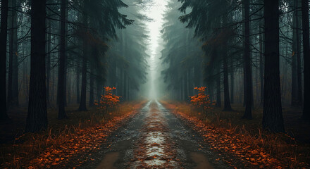 Obraz premium A dirt road in a forest with trees and orange leaves on the ground