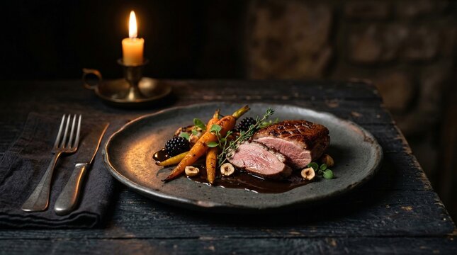 Elegant Pan-Seared Duck Breast with Roasted Carrots, Blackberries, and Red Wine Sauce