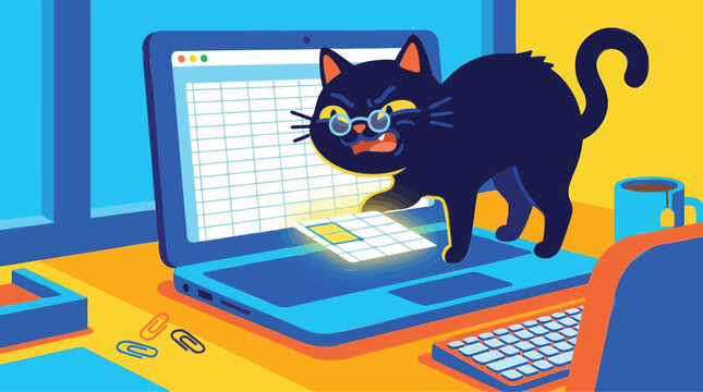 Amusing illustration of an angry cat wearing glasses, causing digital mayhem and spreadsheet data errors on a laptop computer screen