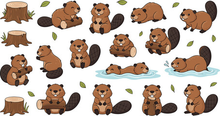 Fototapeta premium Cute Beaver Characters Set with Forest Animals Building Dam Carrying Wood Swimming and Nature Wildlife Cartoon Vector Illustration Collection