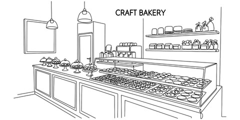 Fototapeta premium Minimalist Continuous One Line Drawing of Modern Craft Bakery Interior