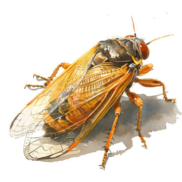 Cicada, clipart vector in watercolor style with flowing brushwork, isolated on a white background.