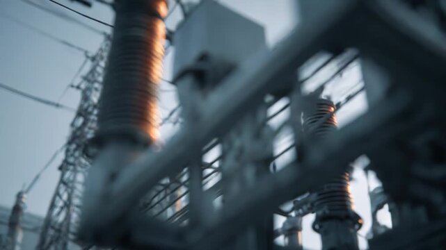 Power substation equipment with high voltage insulators and overhead transmission lines carrying current, distributing electricity across an industrial urban grid under blue sky