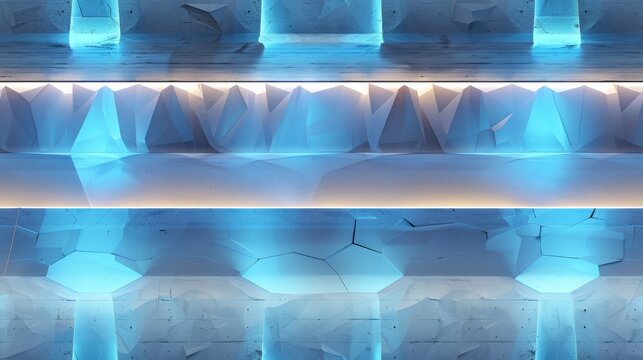 The image is a computer-generated scene of a frozen landscape with a blue and white background. The landscape is made up of blue and white blocks, giving it a cool and icy appearance