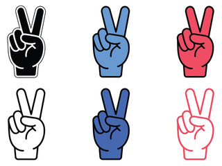 Fototapeta premium Peace hand gesture icon set, featuring the classic victory sign in filled and outline styles, with clean bold line shapes for UI, apps, stickers, and digital graphic use.